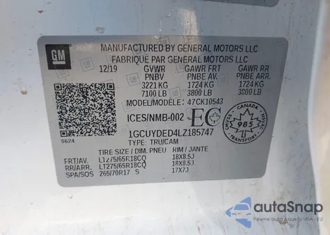 2020 Chevrolet Silverado 1500 4Wd Short Bed Lt/4Wd Standard Bed Lt from USA, damaged, VIN 1GCUYDED4LZ185747